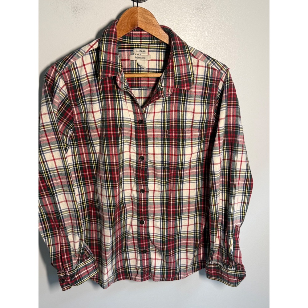 LL Bean Womens Large Petite Flannel Shirt Relaxed Fit Red White Plaid Top